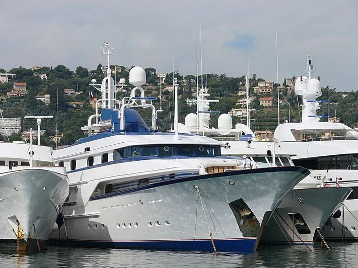 a group of boats in a harbor aboard CLEOPATRA Yacht for Sale