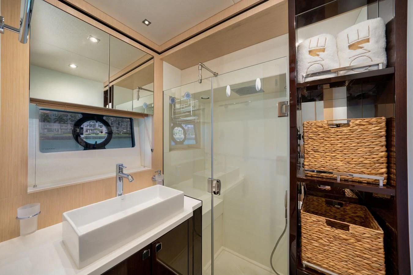 a bathroom with a shower unit and sink aboard SUNSEEKER PREDATOR 68 Yacht for Sale