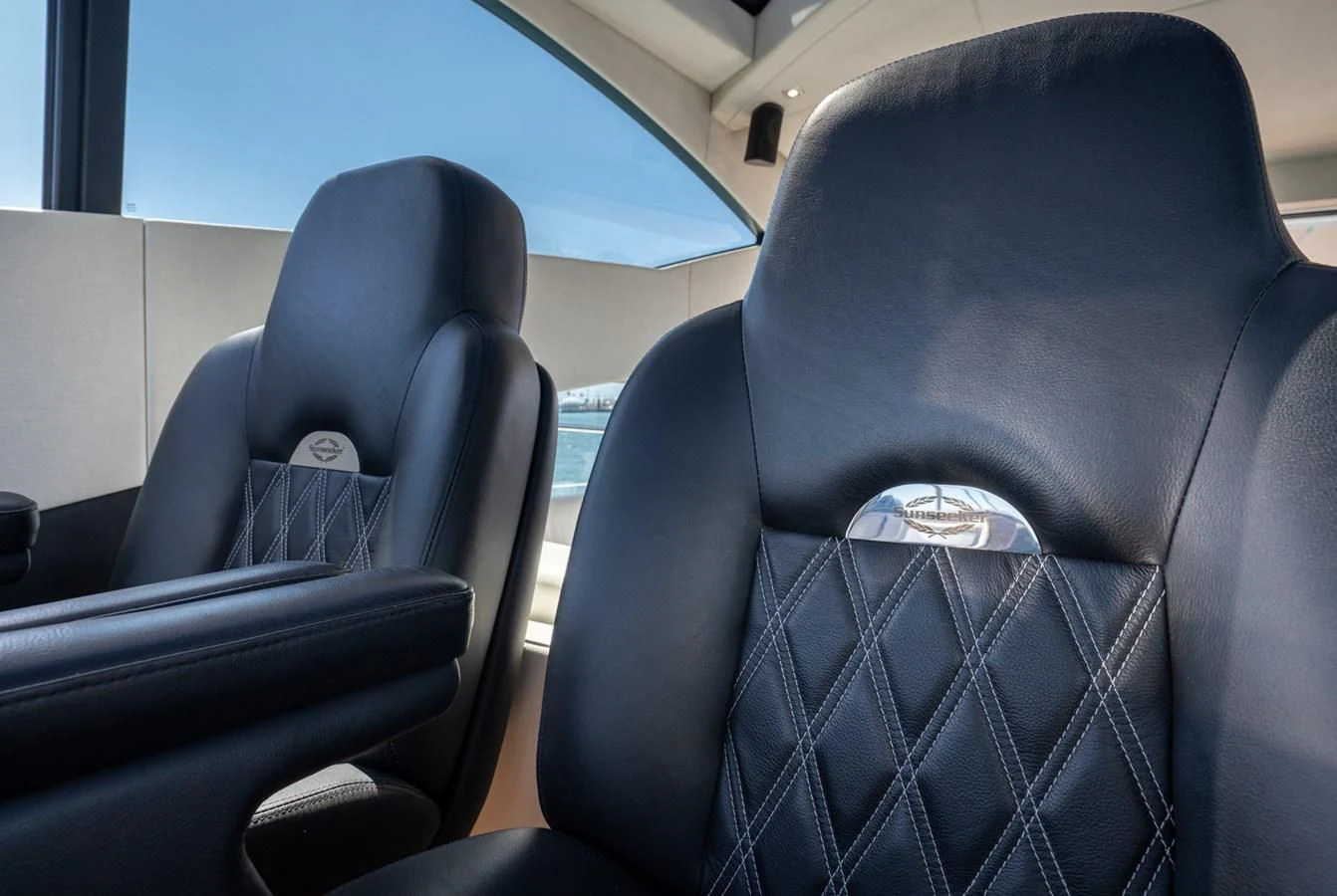 a black leather seat aboard SUNSEEKER PREDATOR 68 Yacht for Sale