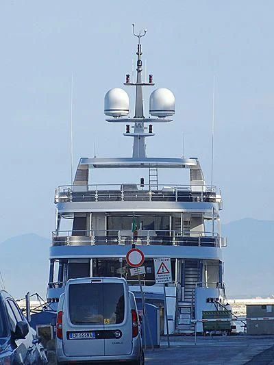 a large ship with a light on top aboard DRAGOLUNA Yacht for Sale