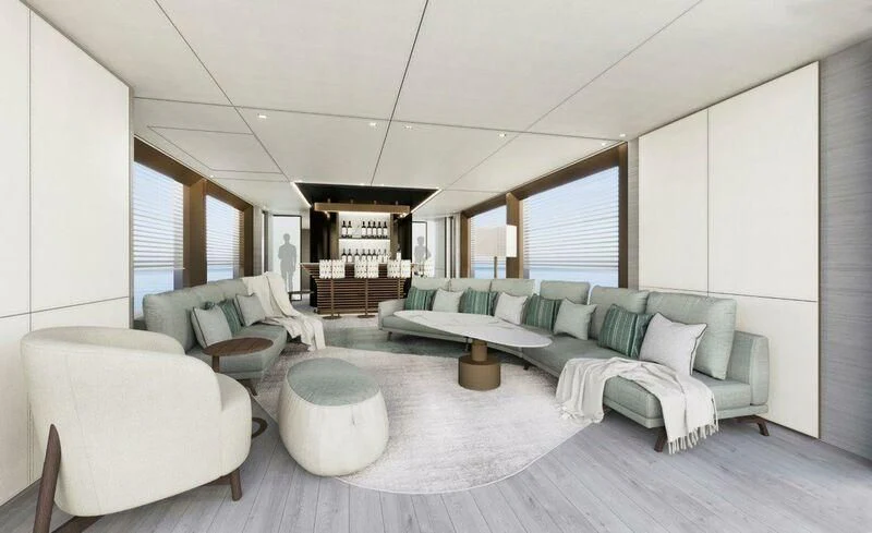 a living room with a couch and a table aboard NADA Yacht for Sale