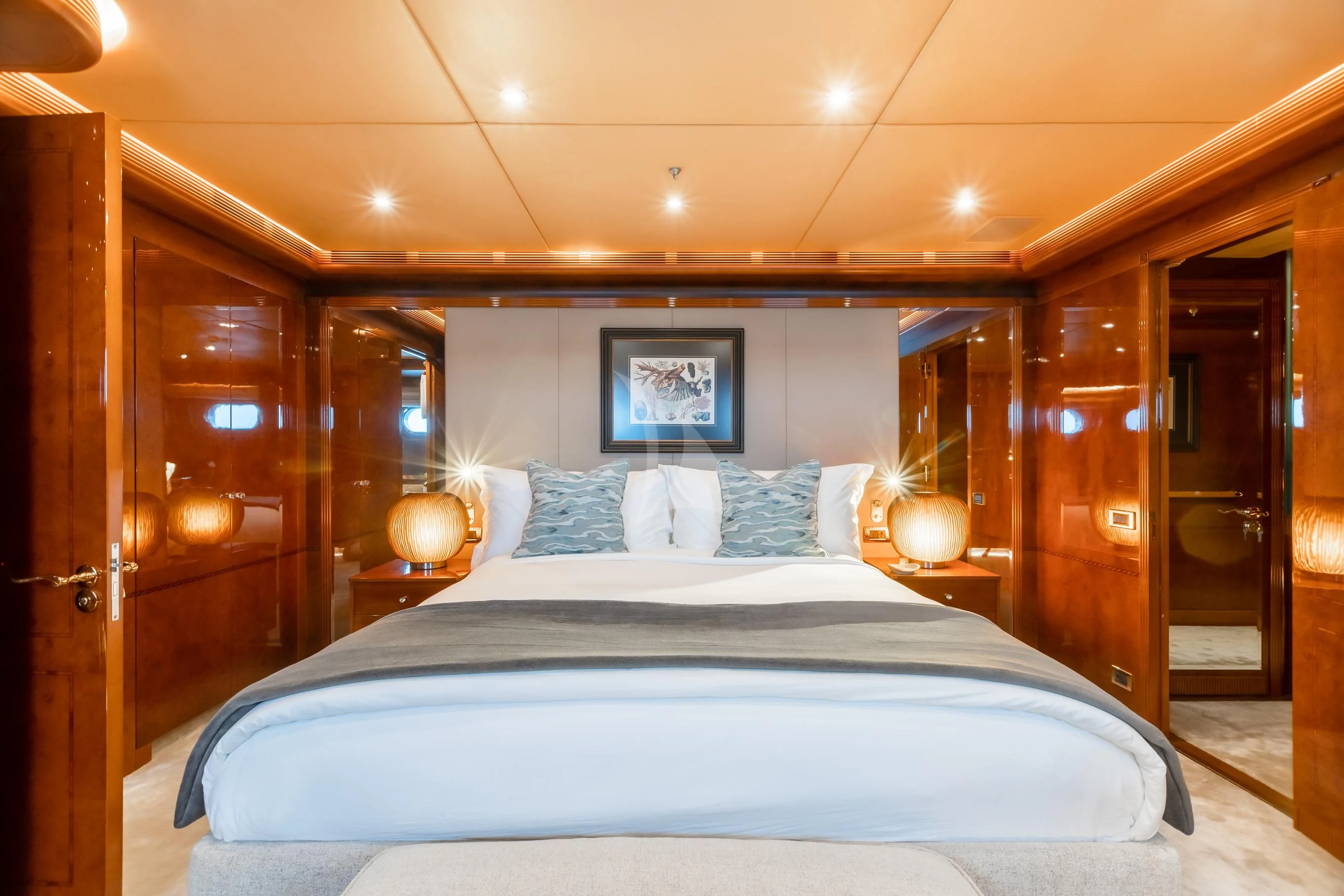 a bed with a white sheet aboard AQUA MARE Yacht for Sale
