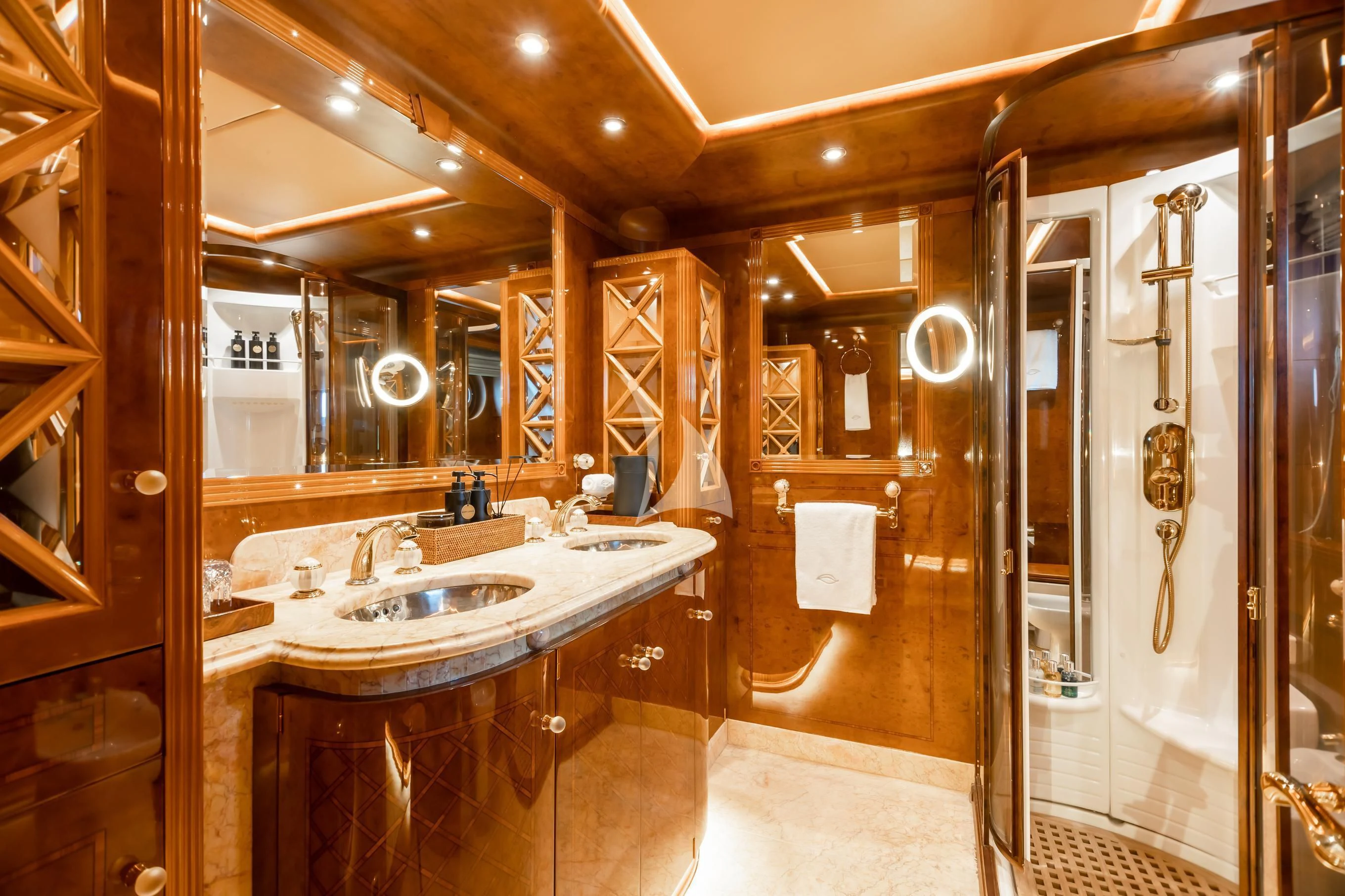 a bathroom with a sink and a shower aboard AQUA MARE Yacht for Sale