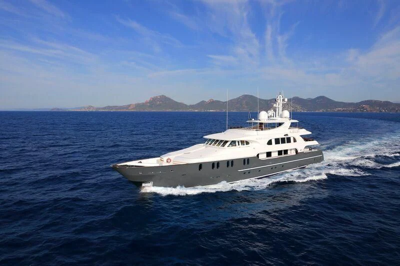 a white boat in the water aboard AQUA MARE Yacht for Sale