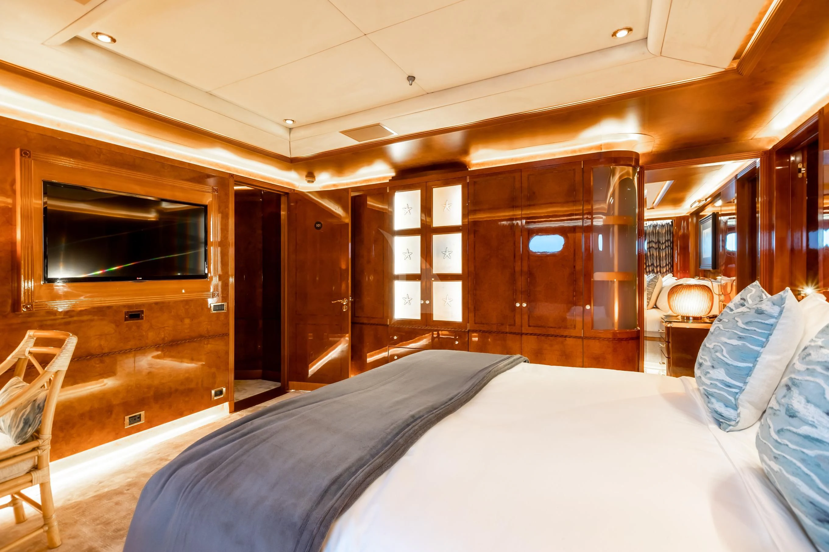 a bed in a room aboard AQUA MARE Yacht for Sale