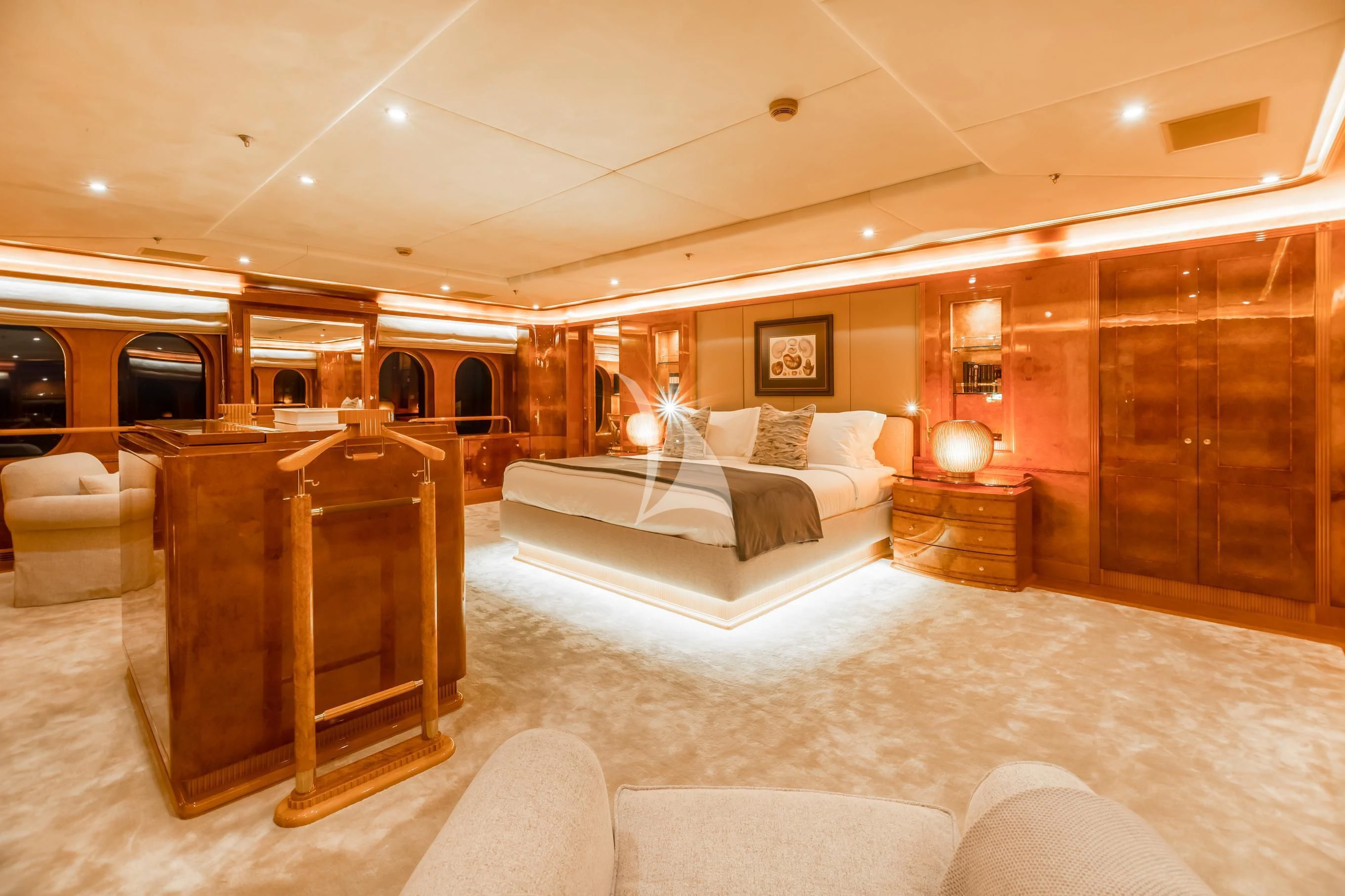 a large bedroom with a large bed aboard AQUA MARE Yacht for Sale