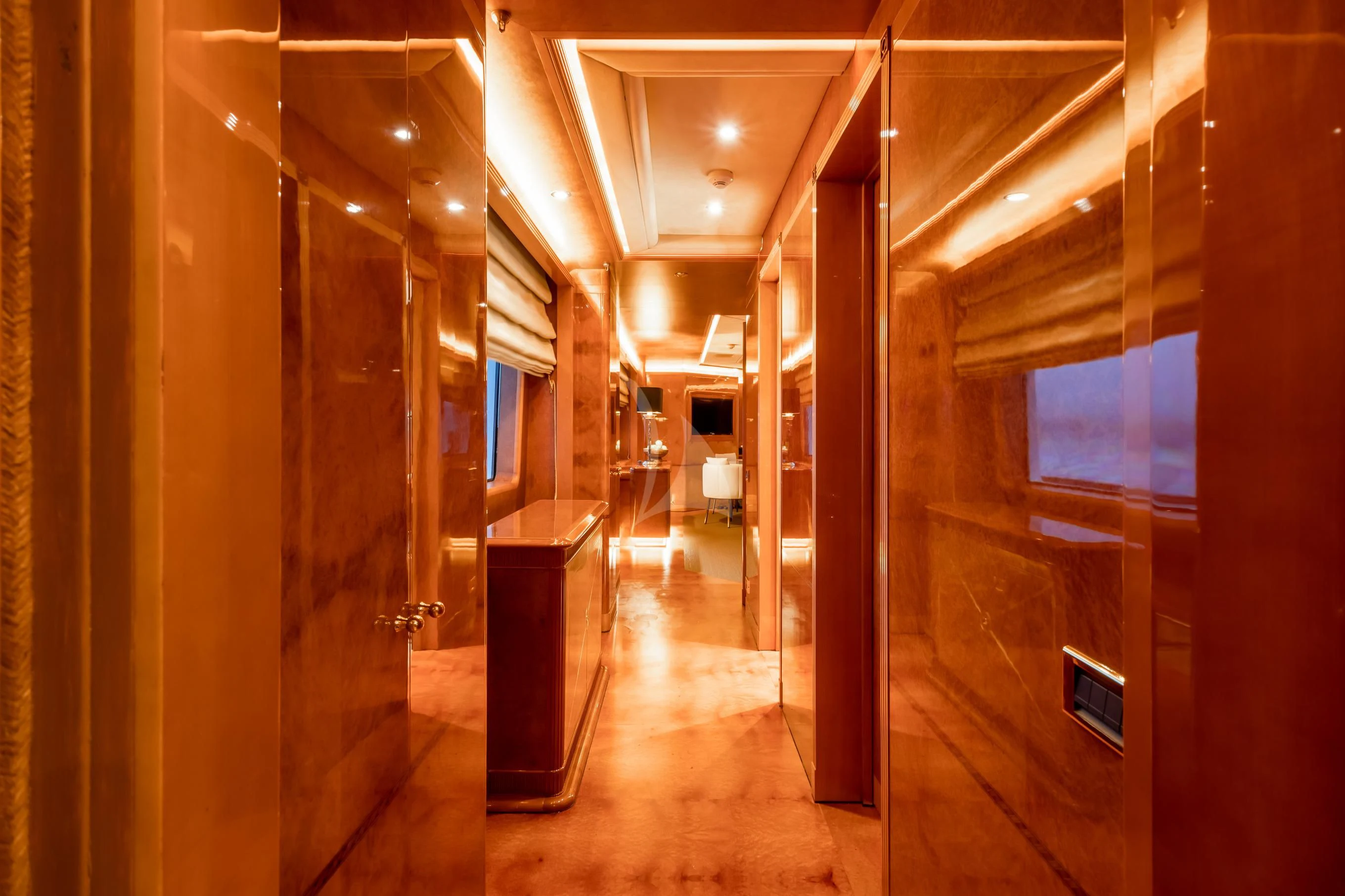 a hallway with doors aboard AQUA MARE Yacht for Sale