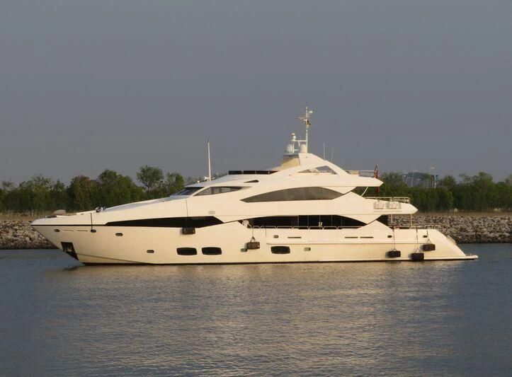 a white yacht on the water aboard LUCIEN Yacht for Sale