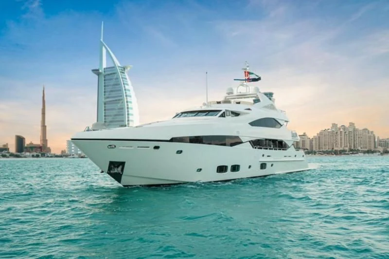 a white yacht in the water aboard LUCIEN Yacht for Sale