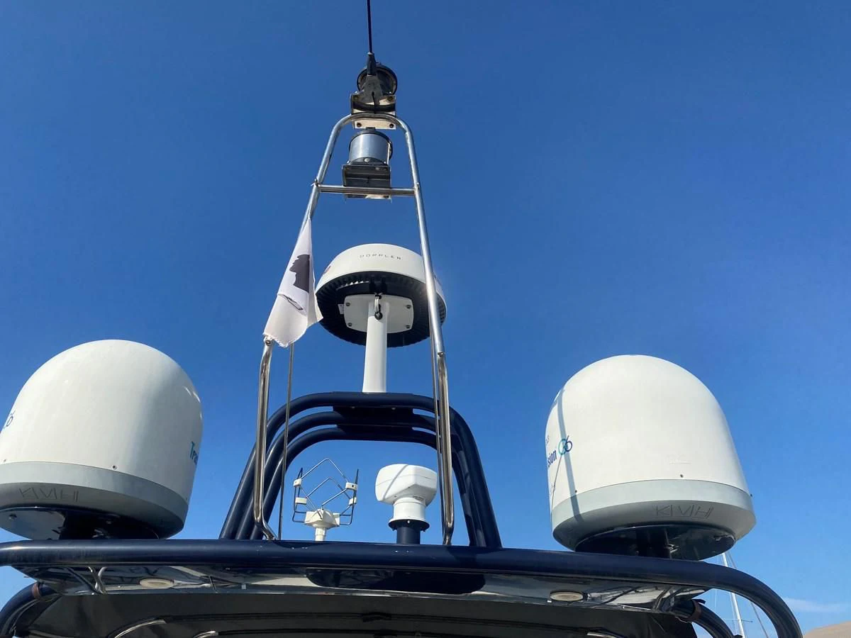 a couple of white helmets on a blue boat aboard AMADEUS Yacht for Sale