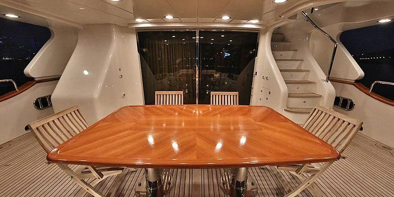a table with chairs and a large window aboard NEMA Yacht for Sale