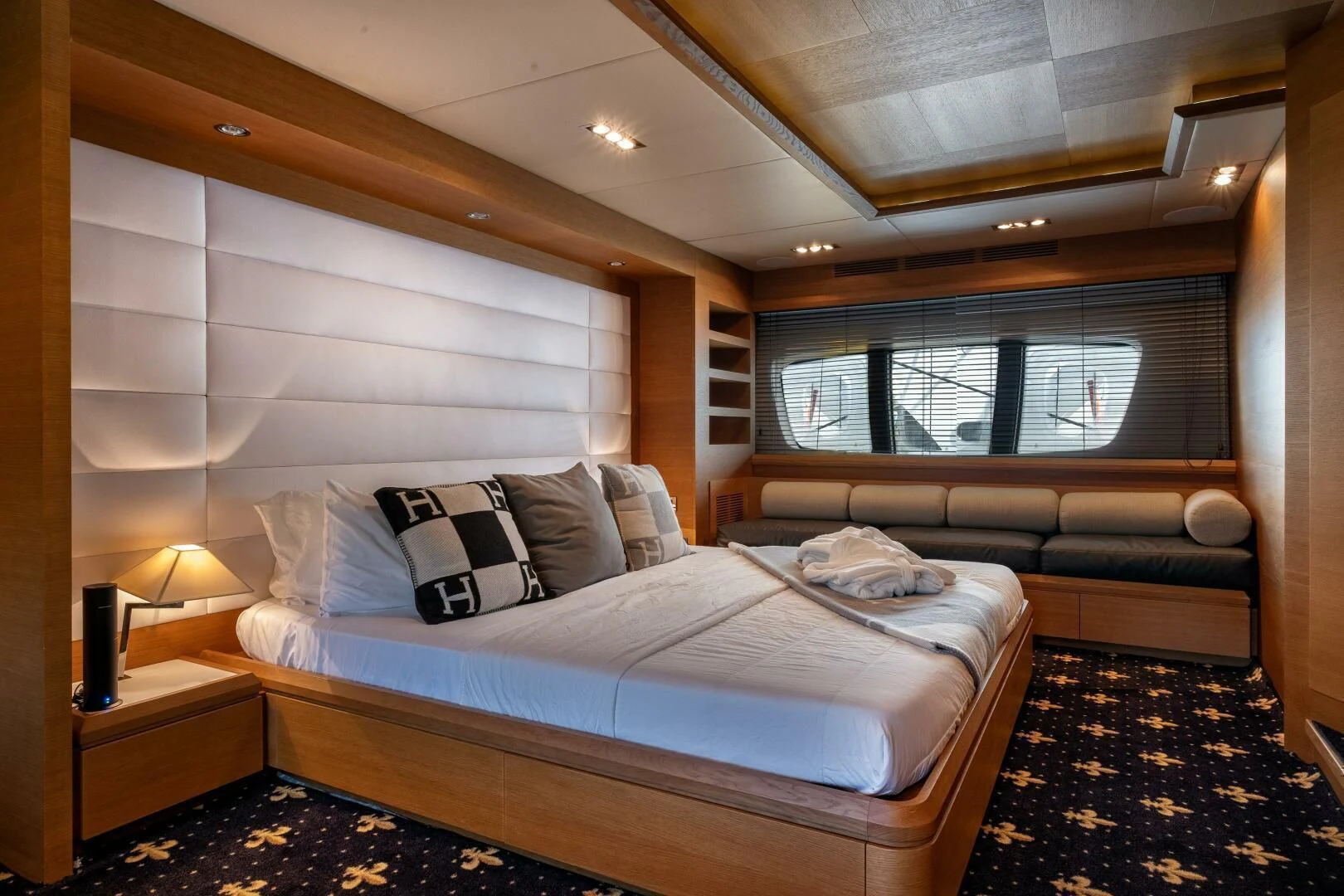 a bed in a room aboard INTERVENTION Yacht for Sale