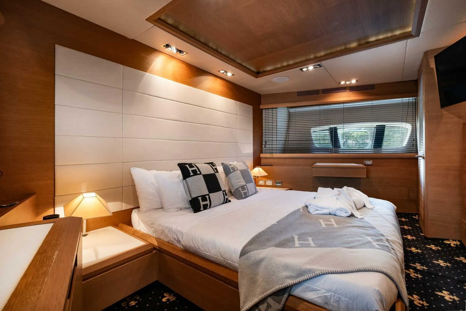 a room with two beds aboard INTERVENTION Yacht for Sale