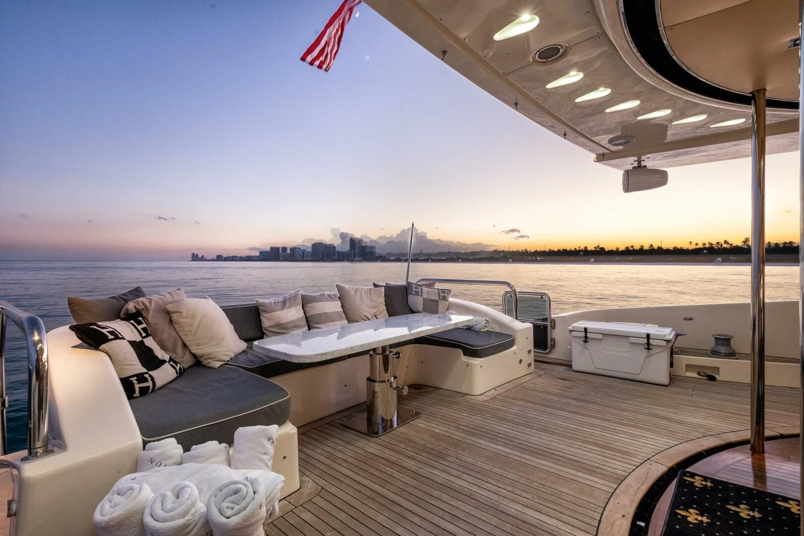 a large boat on a deck aboard INTERVENTION Yacht for Sale