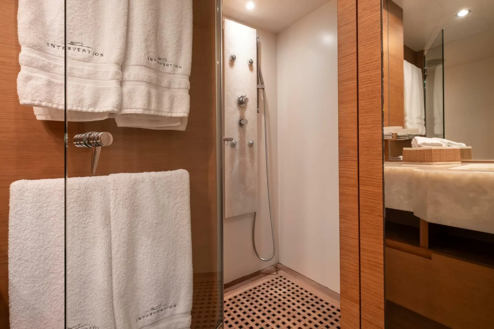 a bathroom with a towel rack aboard INTERVENTION Yacht for Sale