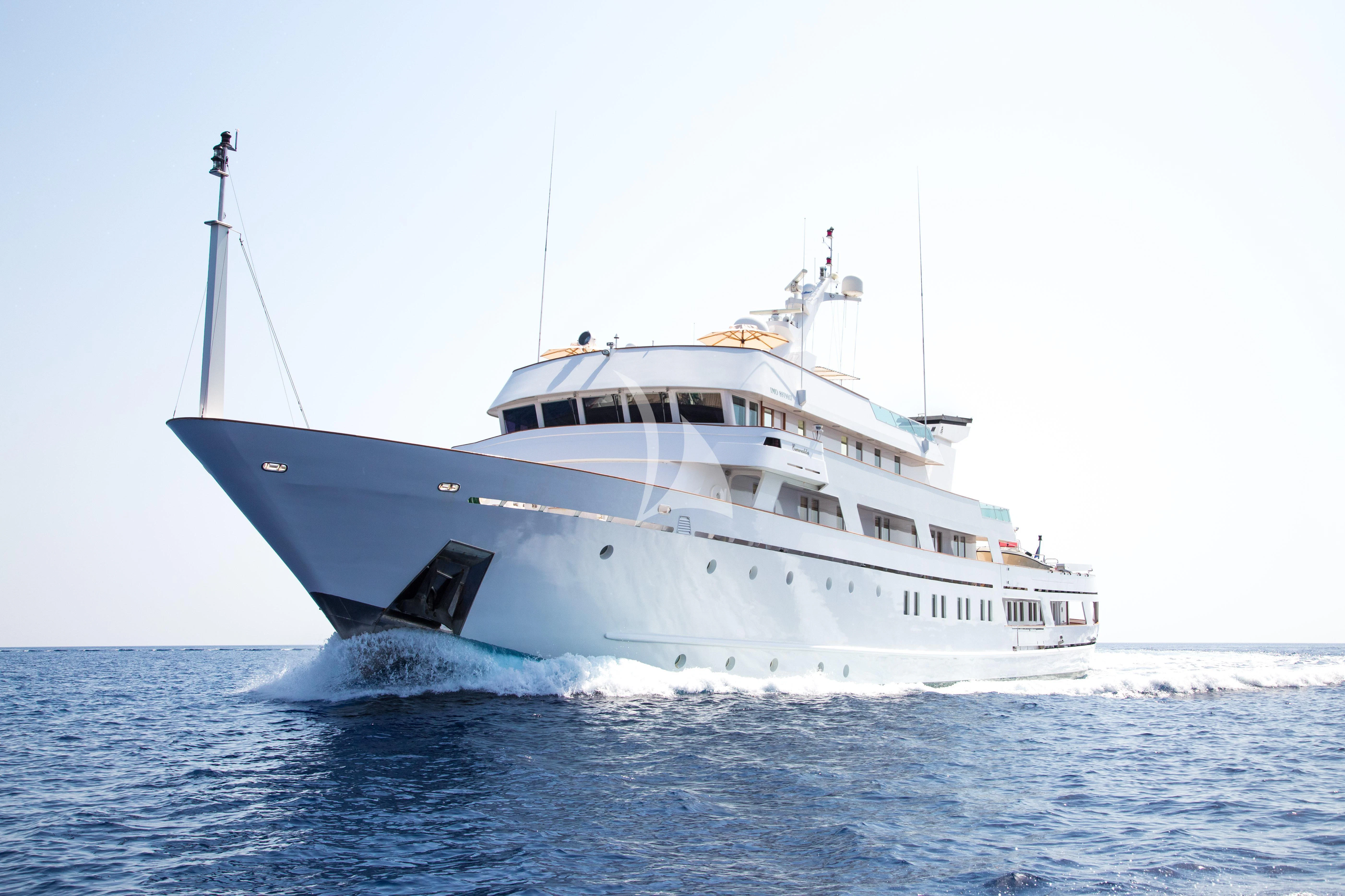 a large white boat in the water aboard ESMERALDA Yacht for Sale