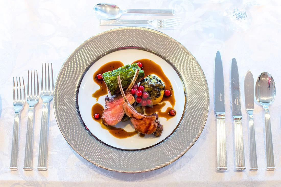 a plate of food aboard ESMERALDA Yacht for Sale