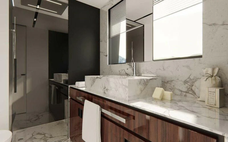 a bathroom with a sink and cabinets aboard SEVEN Yacht for Sale