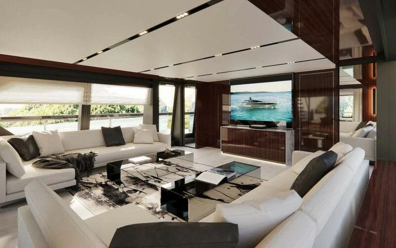 a living room with a large window aboard SEVEN Yacht for Sale