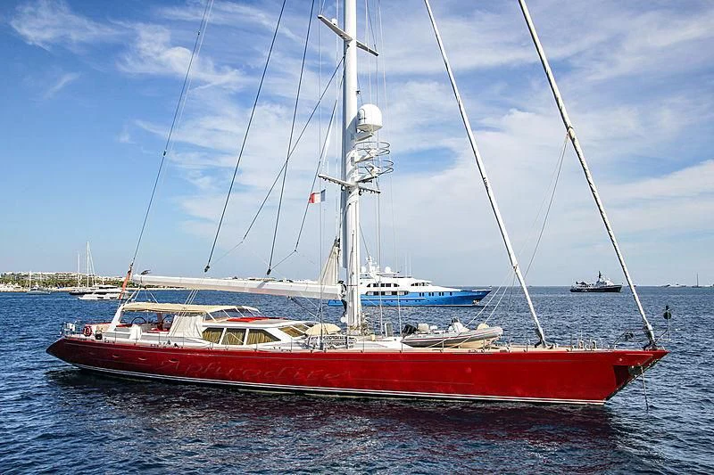 a red and white boat on the water aboard DELUSHA Yacht for Sale
