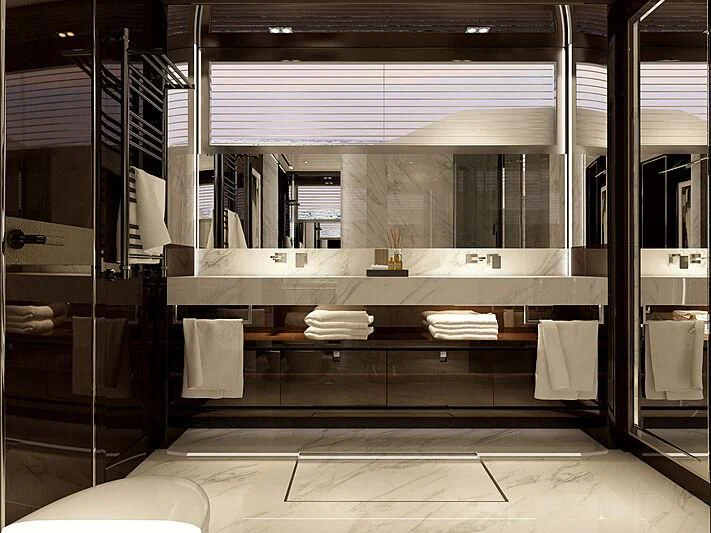 a bathroom with a large mirror aboard FAMILIA Yacht for Sale