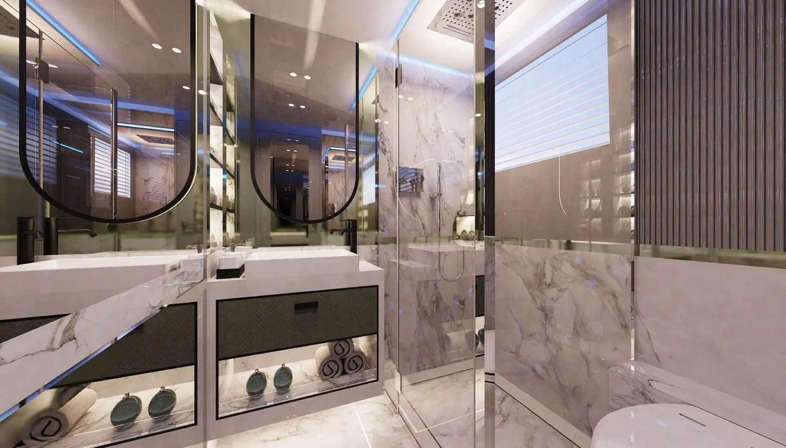 a bathroom with a tub and shower aboard FAMILIA Yacht for Sale