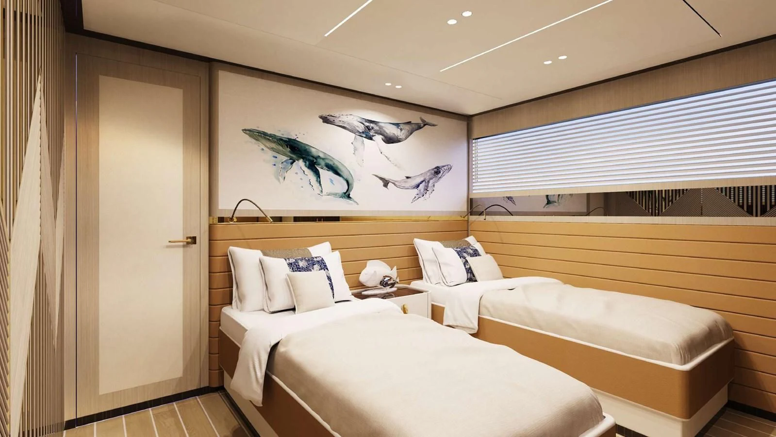 a room with beds and a painting aboard FAMILIA Yacht for Sale