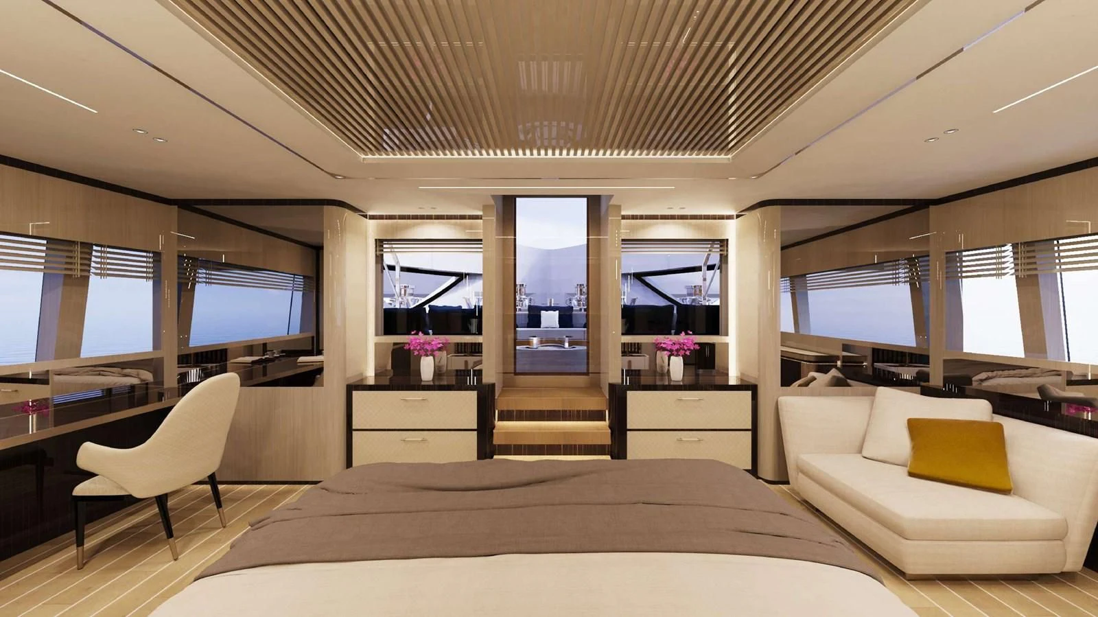 a room with a bed and a desk aboard FAMILIA Yacht for Sale
