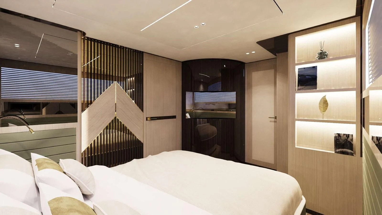 a room with a bed and a staircase aboard FAMILIA Yacht for Sale