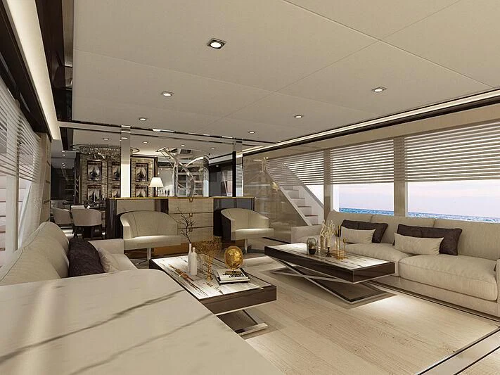 a living room with a large window aboard FAMILIA Yacht for Sale