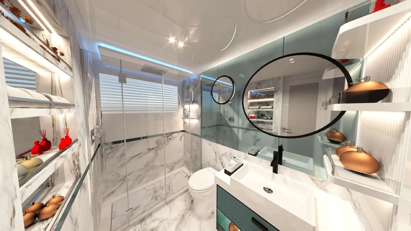 a bathroom with a large mirror aboard FAMILIA Yacht for Sale