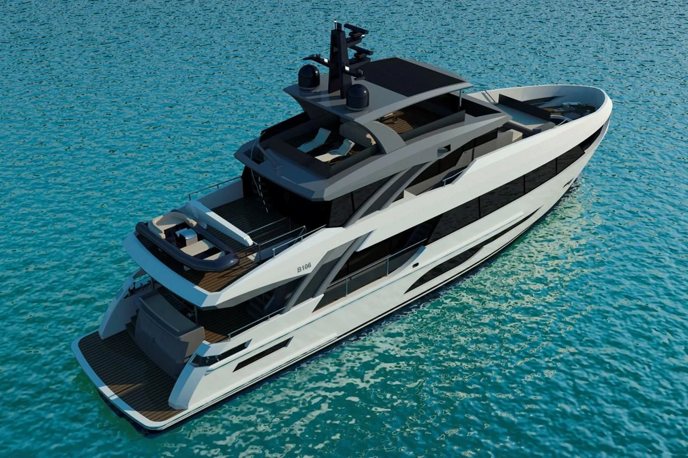 a black and white boat on the water aboard FAMILIA Yacht for Sale