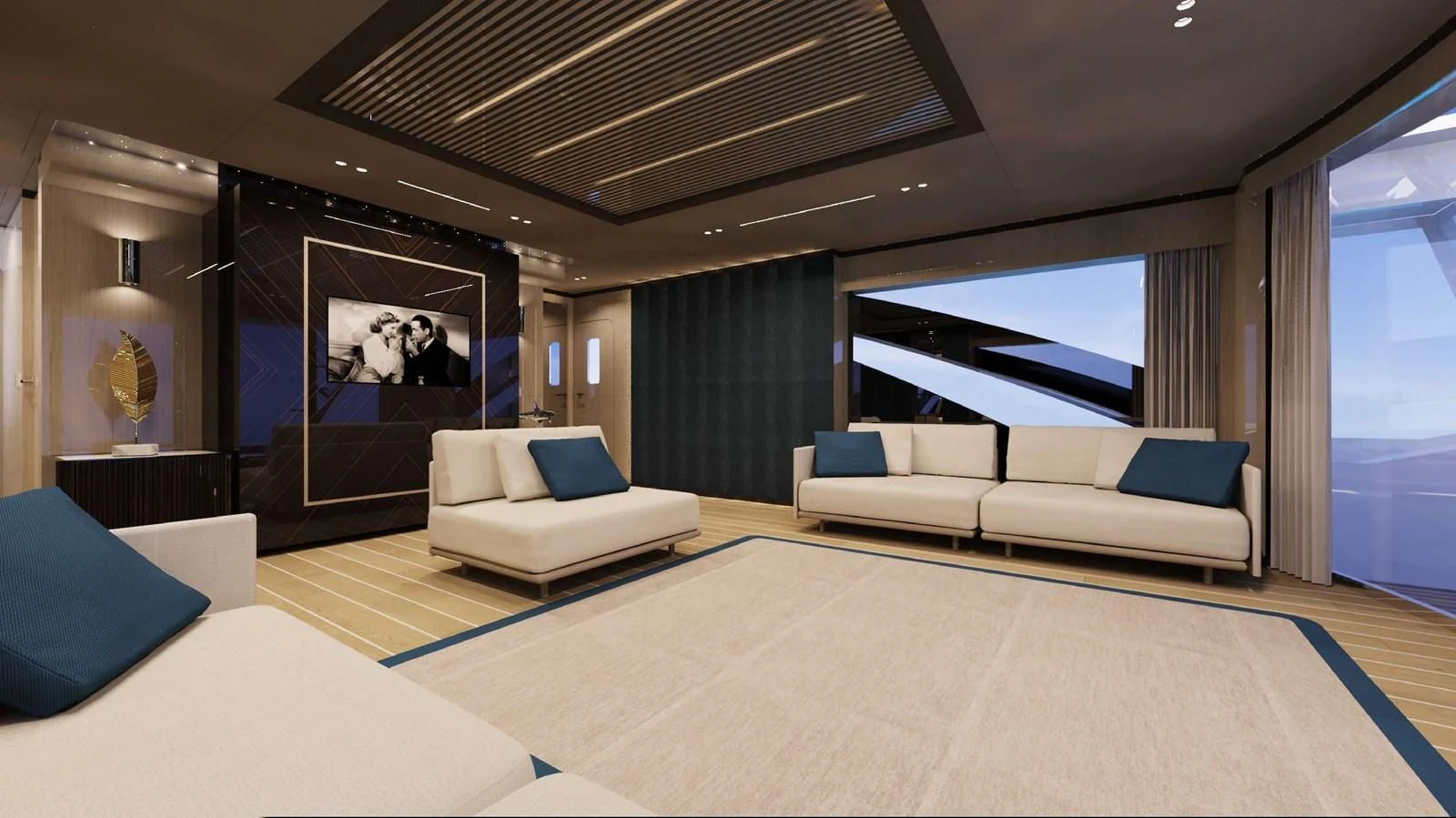 a large living room with white couches and a large window aboard FAMILIA Yacht for Sale