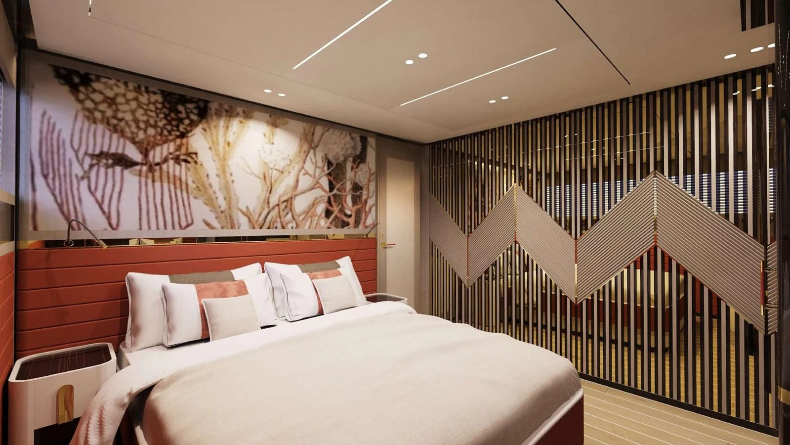 a room with a bed and a painting on the wall aboard FAMILIA Yacht for Sale