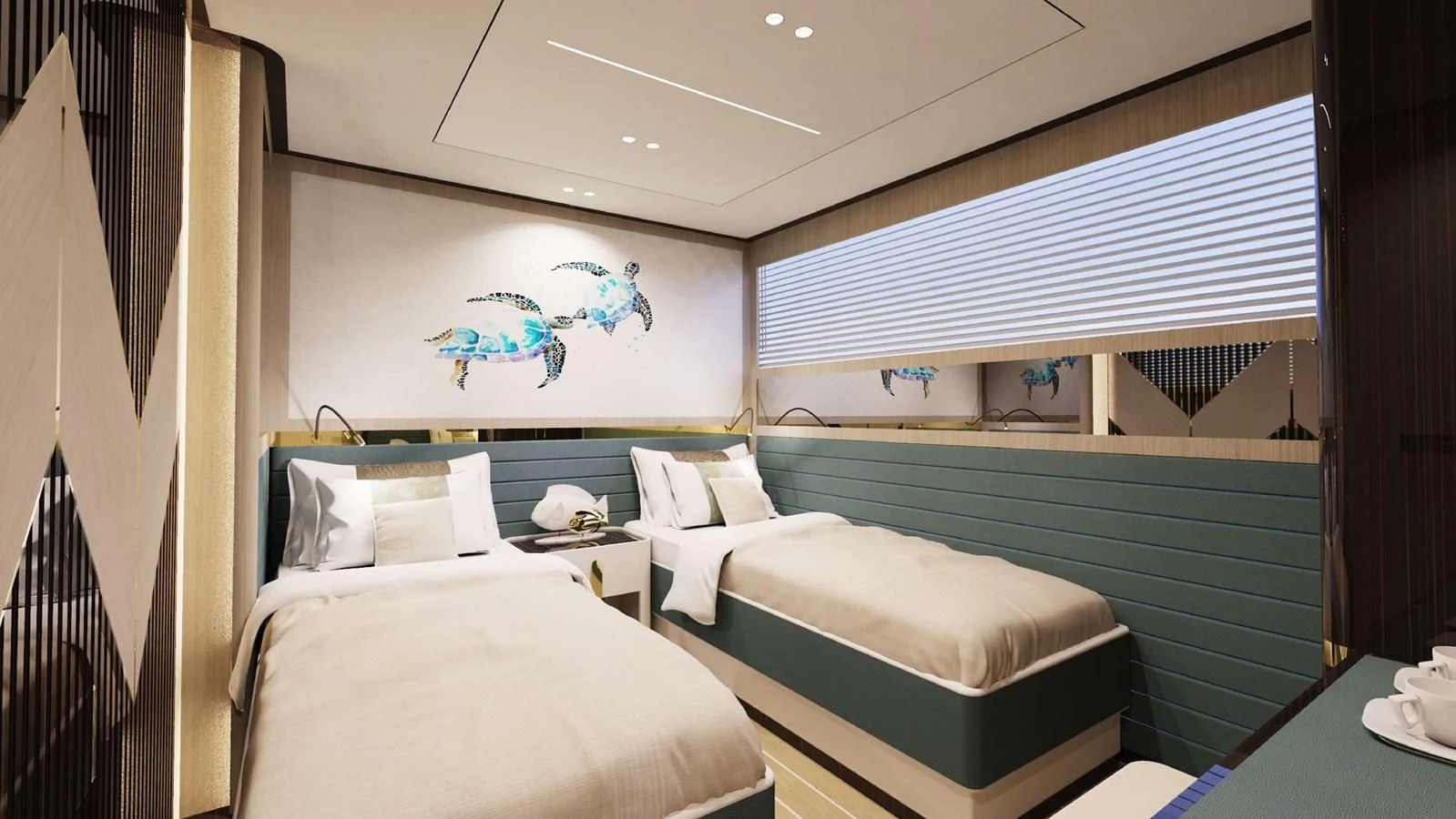 a room with two beds aboard FAMILIA Yacht for Sale