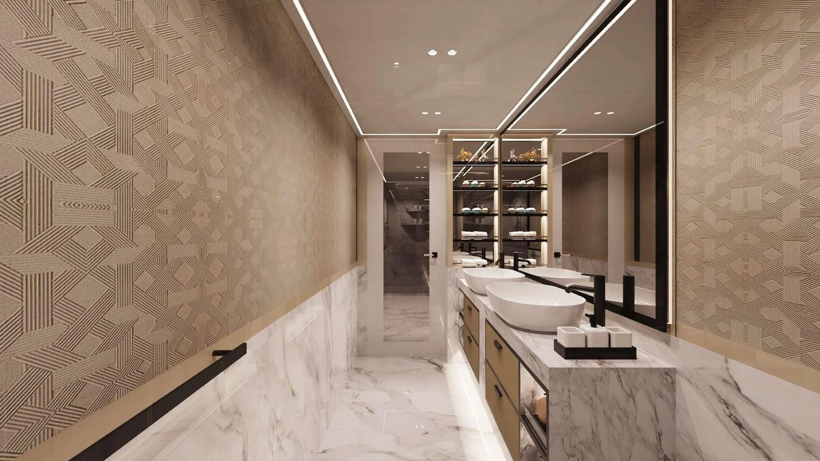 a bathroom with a large mirror aboard FAMILIA Yacht for Sale