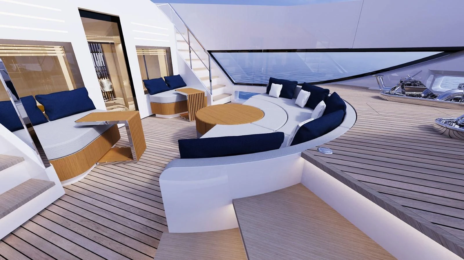 a room with a deck and a pool aboard FAMILIA Yacht for Sale