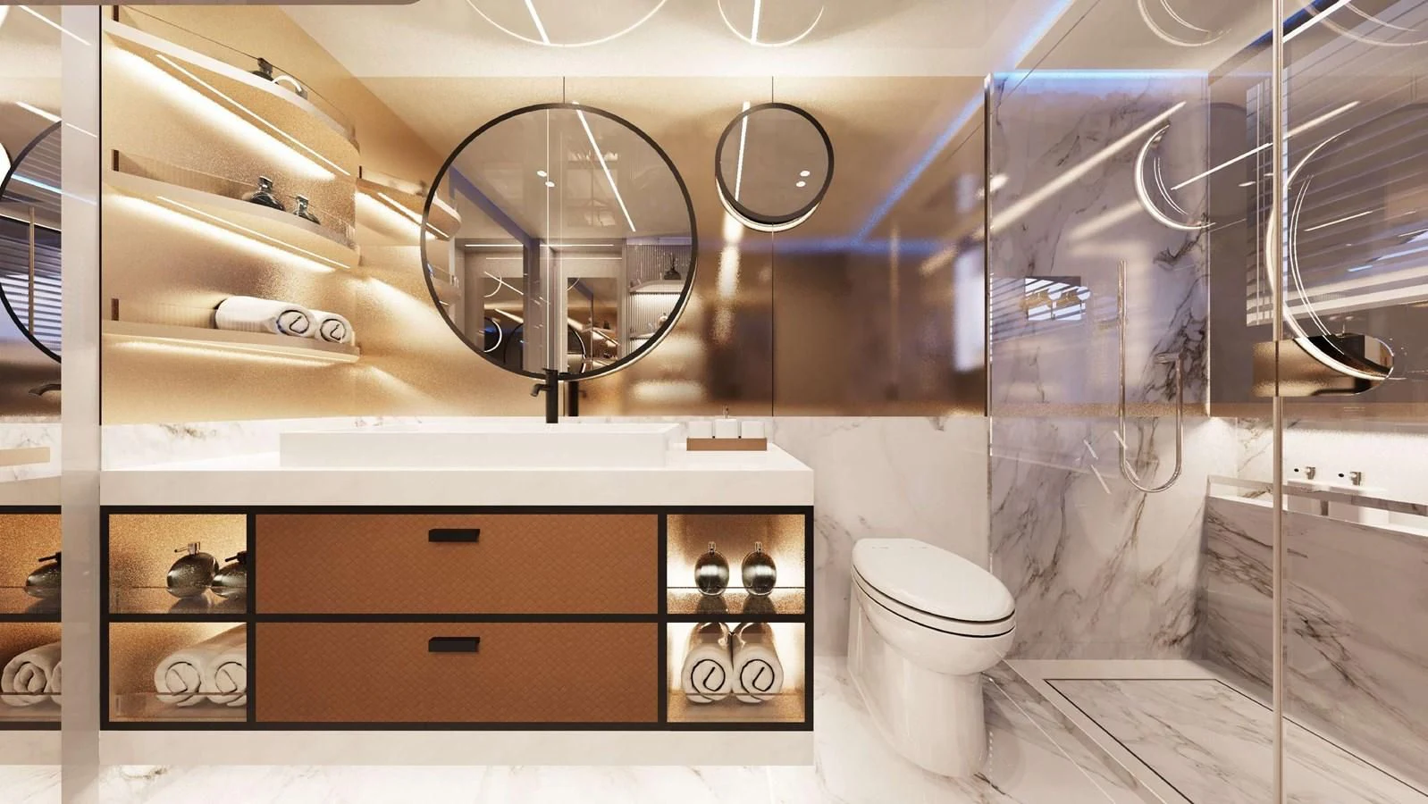 a bathroom with a glass shower aboard FAMILIA Yacht for Sale