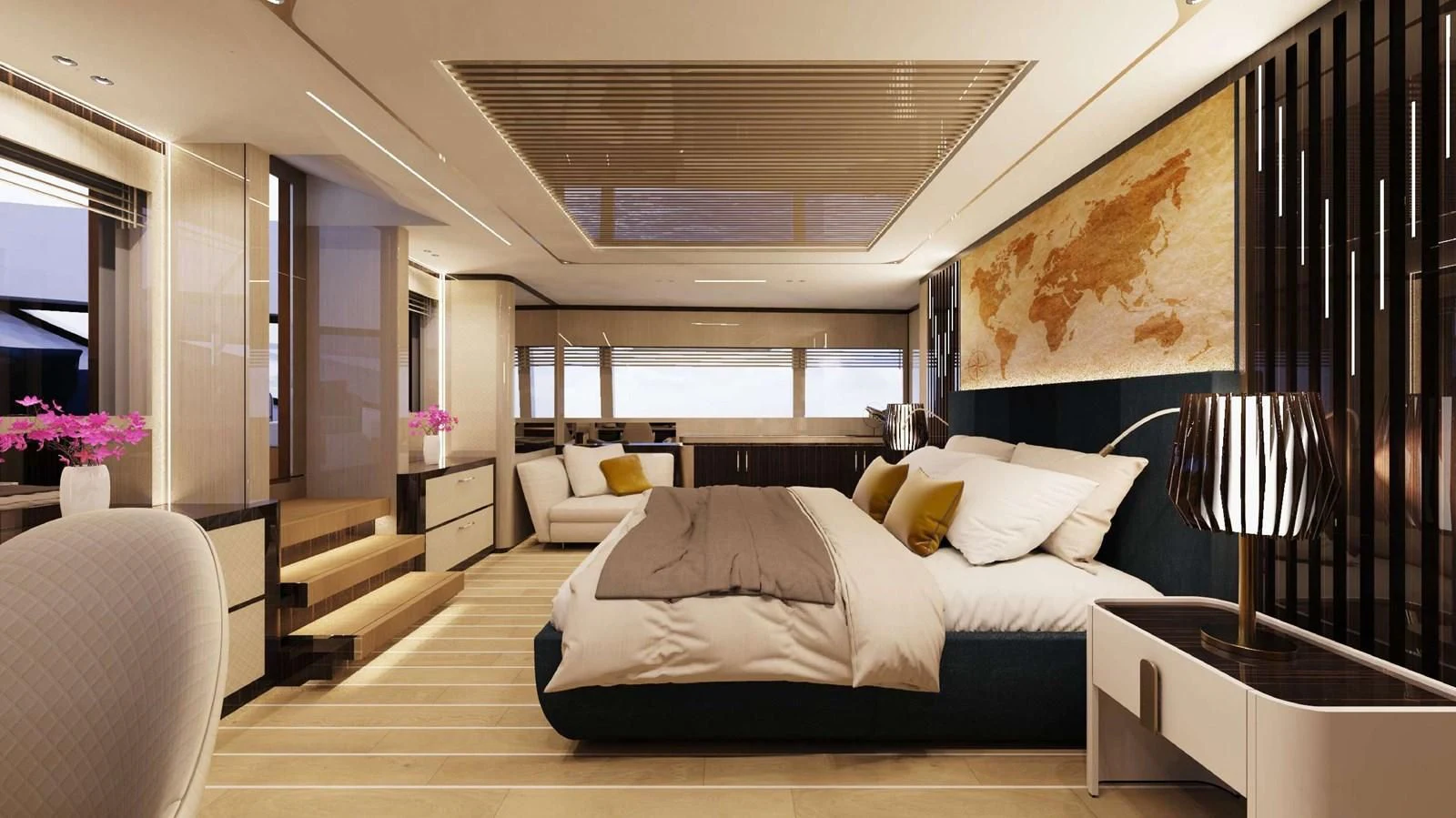 a large bedroom with a large bed aboard FAMILIA Yacht for Sale
