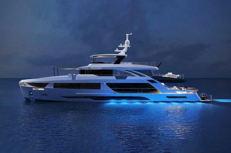 a white yacht in the water aboard FAMILIA Yacht for Sale