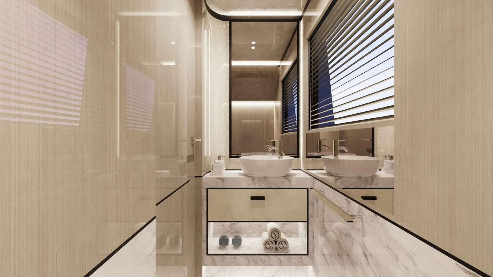 a bathroom with a sink and a mirror aboard FAMILIA Yacht for Sale