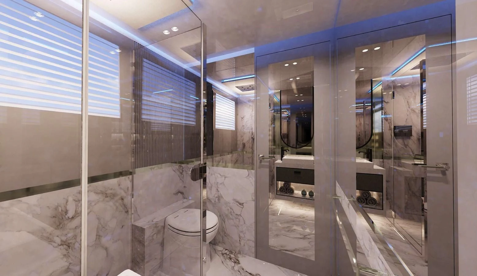 a bathroom with a glass wall aboard FAMILIA Yacht for Sale