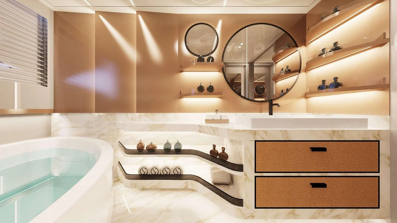 a bathroom with a large mirror aboard FAMILIA Yacht for Sale