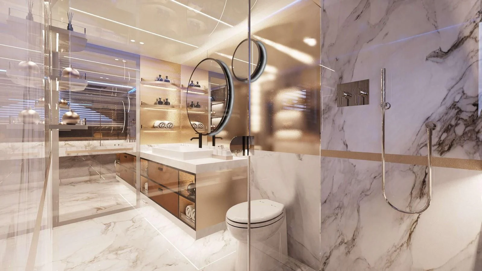 a bathroom with a large mirror aboard FAMILIA Yacht for Sale