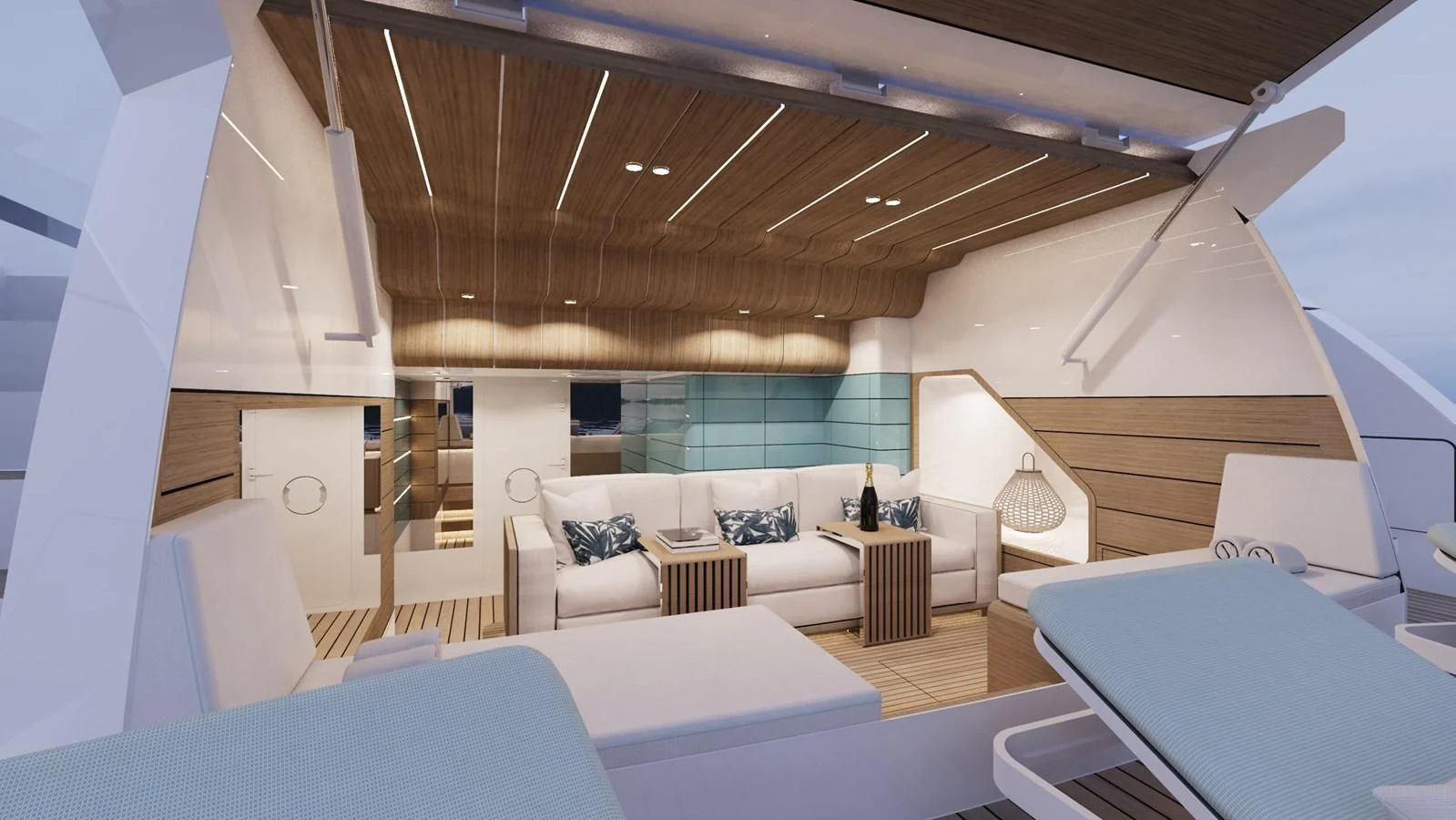 a room with a staircase and a table with chairs aboard FAMILIA Yacht for Sale