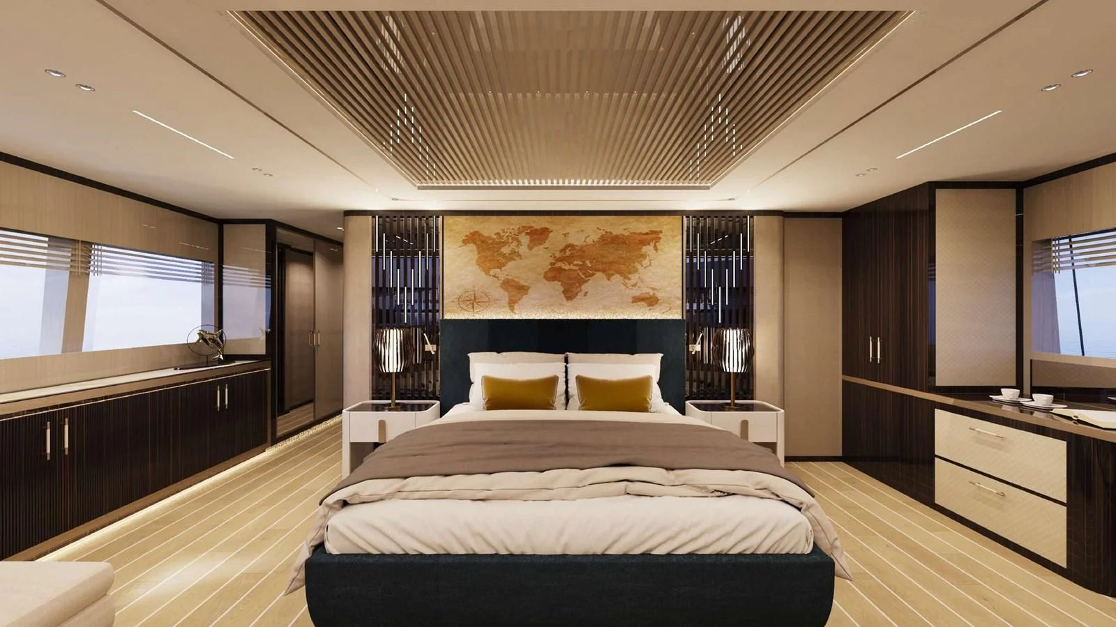 a large bedroom with a large bed aboard FAMILIA Yacht for Sale