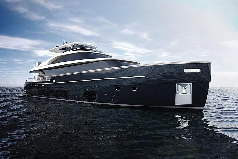 a black and white yacht on the water aboard GAS Yacht for Sale
