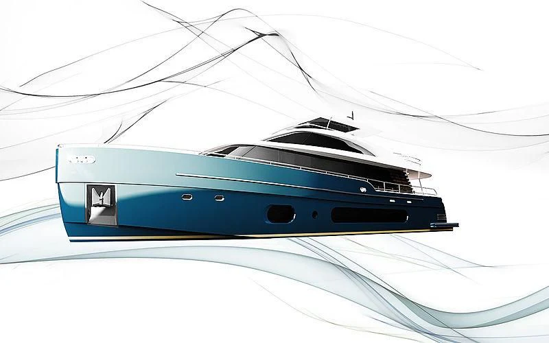 a blue and white sports car aboard GAS Yacht for Sale