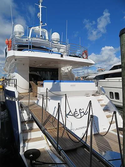 a large boat docked aboard KEFI Yacht for Charter