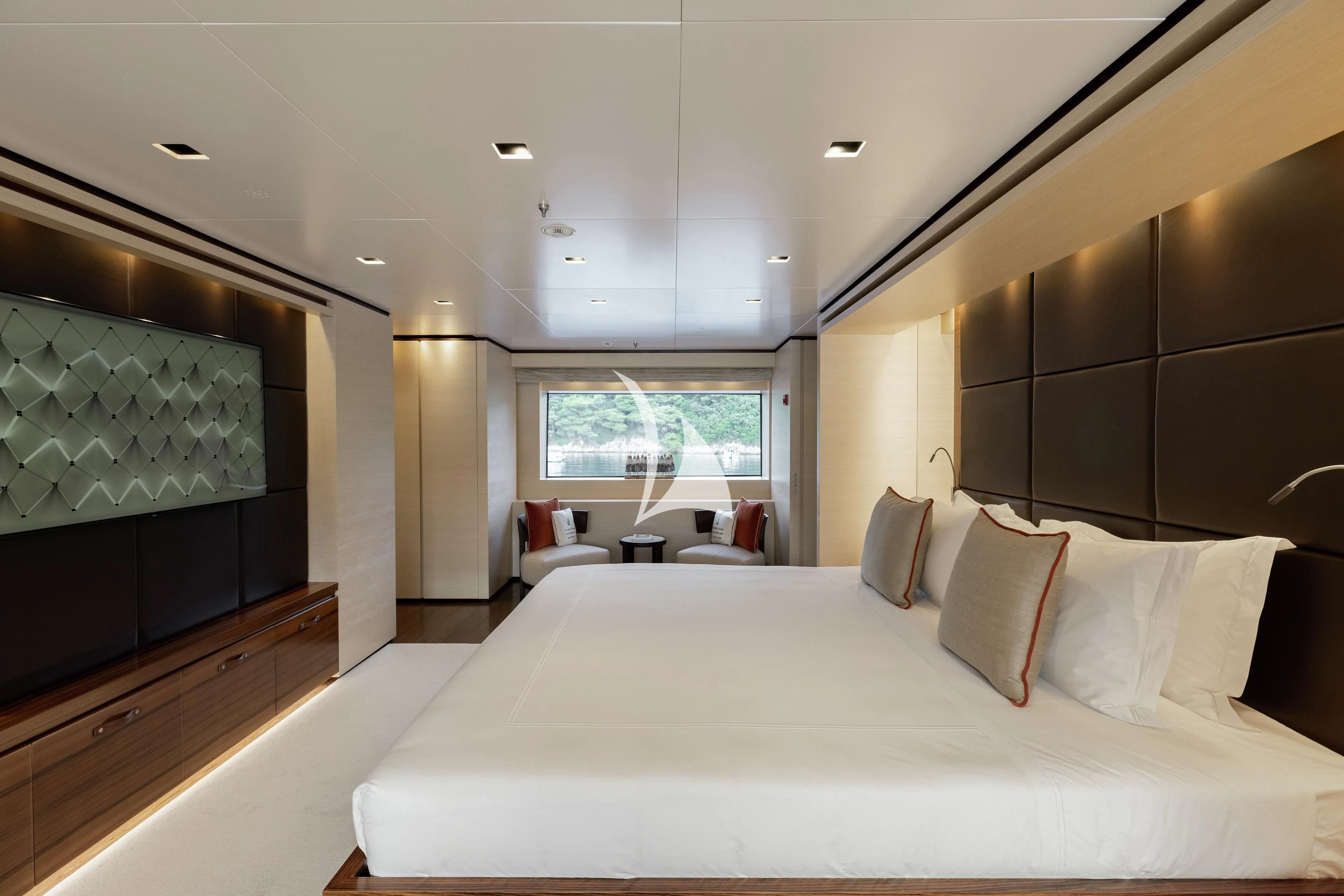 a large bed in a room aboard LAMMOUCHE Yacht for Sale